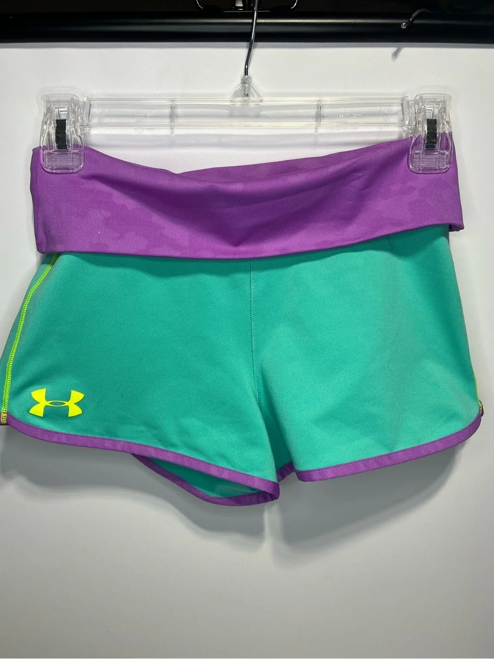 Under Armour Girl's Medium Teal Shorts + Purple Foldover Waist Yellow Logo